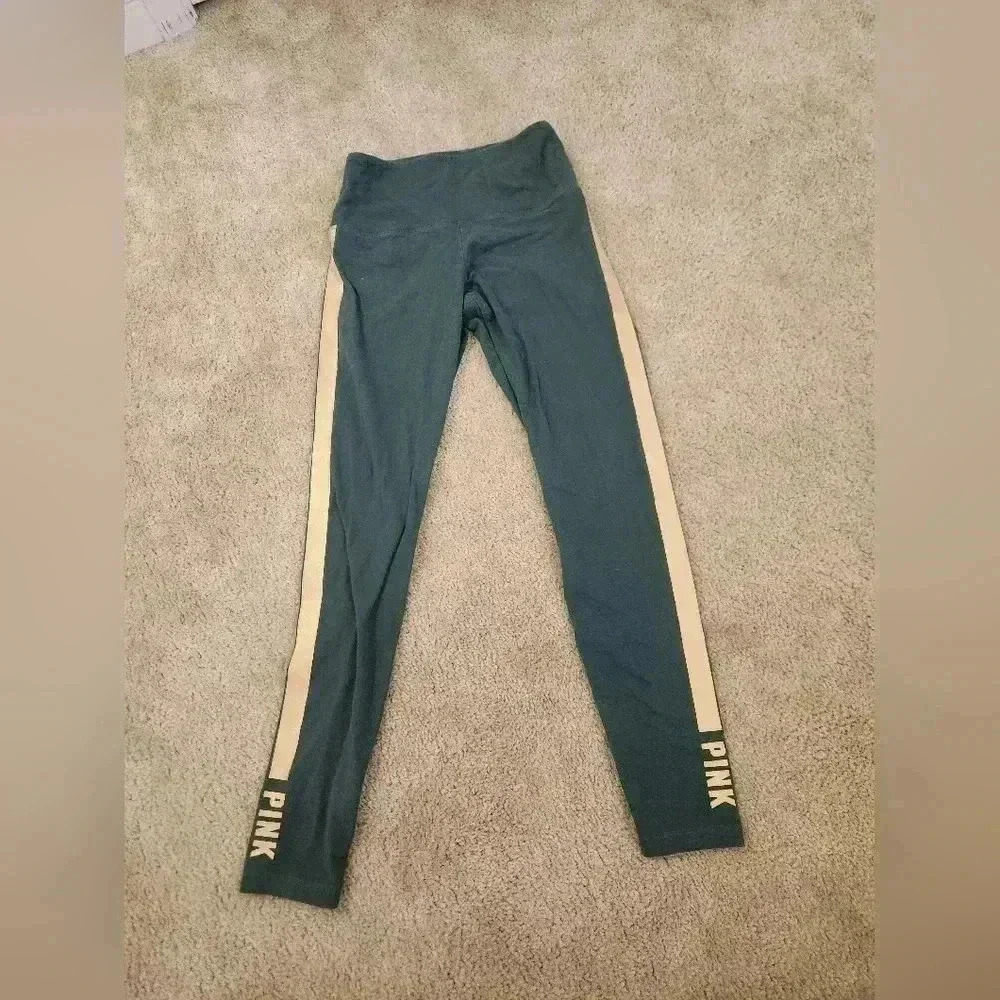 Victoria's Secret PINK‎ Cotton High Waist Leggings Green Gold Stripe Size M #D90